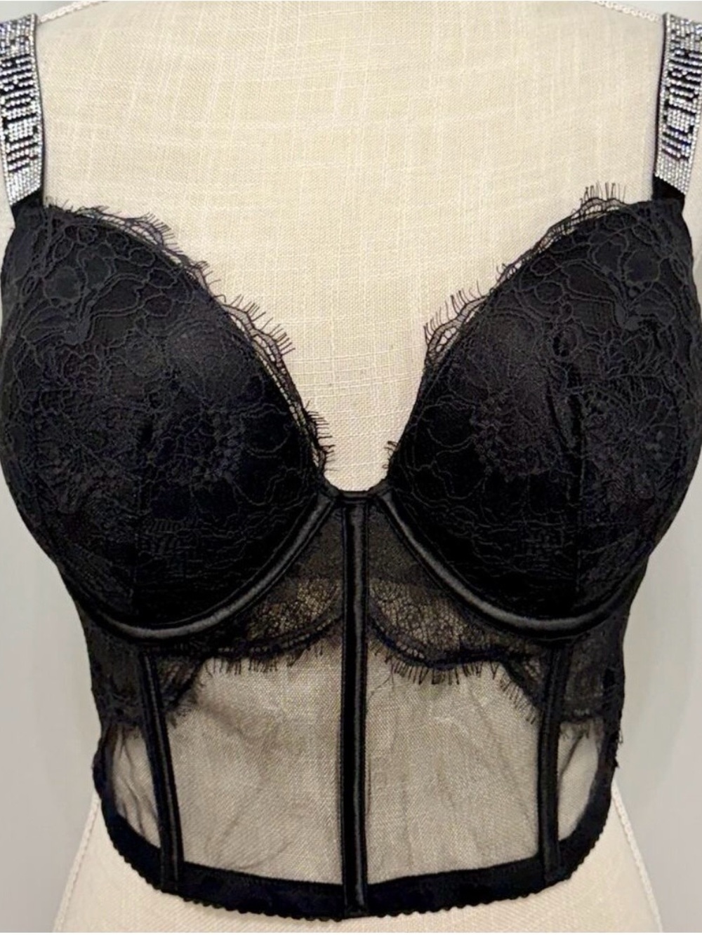 Victoria's Secret Black Lace Longline Push-Up Bra with Embellished Straps